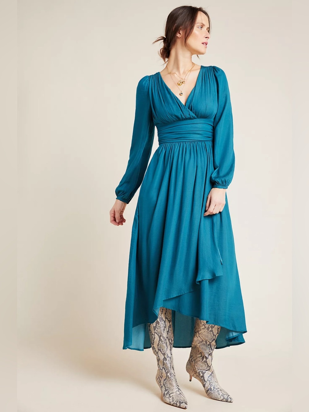 Anthropologie Gwendolyn Maxi Dress Long Balloon Sleeve V-Neck Teal Size 2